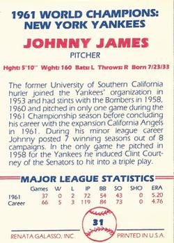 1982 Galasso 1961 World Champions New York Yankees #31 Johnny James Back