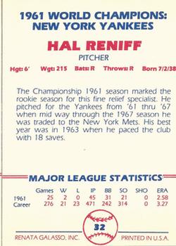 1982 Galasso 1961 World Champions New York Yankees #32 Hal Reniff Back