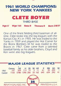 1982 Galasso 1961 World Champions New York Yankees #34 Clete Boyer Back