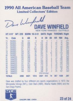 1990 MSA All-American Baseball Team #23 Dave Winfield Back