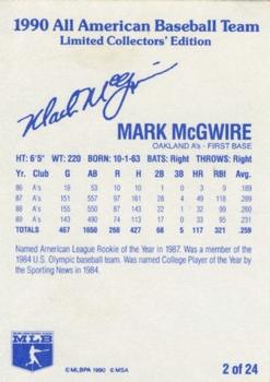 1990 MSA All-American Baseball Team #2 Mark McGwire Back