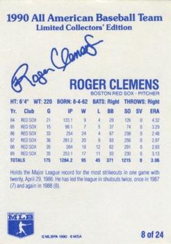 1990 MSA All-American Baseball Team #8 Roger Clemens Back