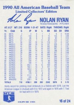 1990 MSA All-American Baseball Team #16 Nolan Ryan Back