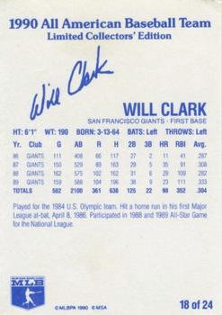 1990 MSA All-American Baseball Team #18 Will Clark Back