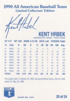 1990 MSA All-American Baseball Team #20 Kent Hrbek Back