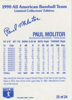 1990 MSA All-American Baseball Team #22 Paul Molitor Back