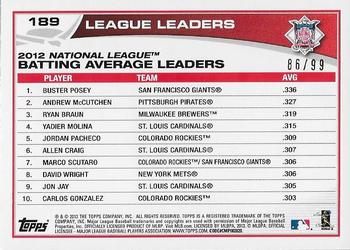 2013 Topps - Camo #189 2012 NL Batting Average Leaders (Buster Posey / Andrew McCutchen / Ryan Braun) Back