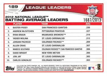 2013 Topps - Gold #189 2012 NL Batting Average Leaders (Buster Posey / Andrew McCutchen / Ryan Braun) Back