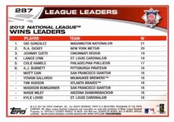 2013 Topps - Blue #287 2012 NL Wins Leaders (Gio Gonzalez / R.A. Dickey / Johnny Cueto) Back