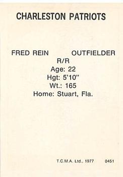 1977 TCMA Charleston Patriots #0451 Fred Rein Back