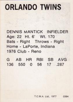 1977 TCMA Orlando Twins #0394 Dennis Mantick Back