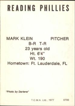 1977 TCMA Reading Phillies #0700 Mark Klein Back