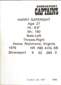 1977 TCMA Shreveport Captains #0596 Harry Saferight Back