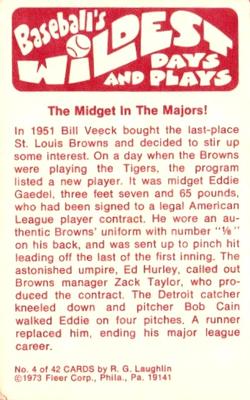 1974 Fleer Official Major League Patches - Baseball's Wildest Days and Plays #4 Midget in Majors - Eddie Gaedel Back