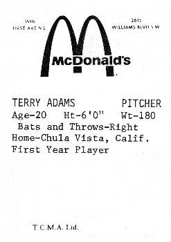 1976 TCMA Cedar Rapids Giants #NNO Terry Adams Back