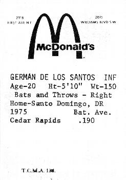 1976 TCMA Cedar Rapids Giants #NNO German De Los Santos Back
