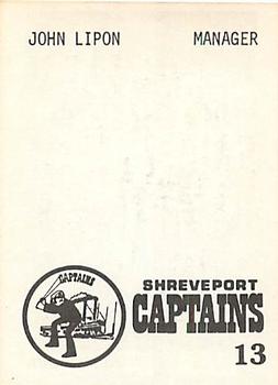 1976 TCMA Shreveport Captains #13 John Lipon Back