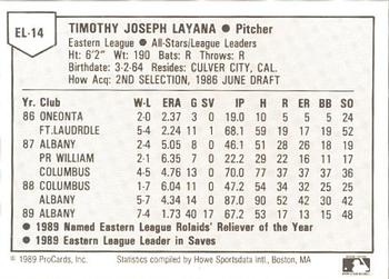 1989 ProCards Eastern League All-Stars #14 Tim Layana Back