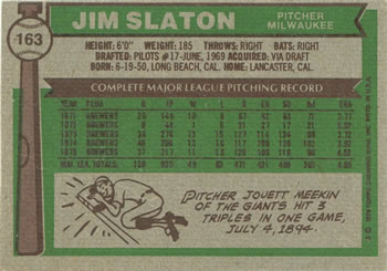 1976 Topps #163 Jim Slaton Back