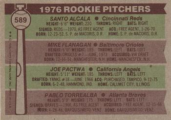 1976 Topps #589 1976 Rookie Pitchers (Santo Alcala / Mike Flanagan / Joe Pactwa / Pablo Torrealba) Back