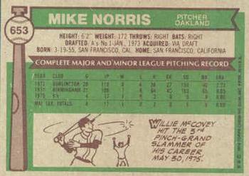 1976 Topps #653 Mike Norris Back