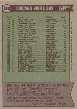 1976 Topps #656 Chicago White Sox / Chuck Tanner Back