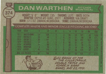 1976 Topps #374 Dan Warthen Back