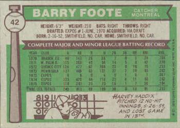 1976 Topps #42 Barry Foote Back