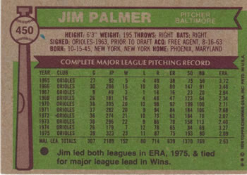 1976 Topps #450 Jim Palmer Back