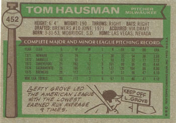 1976 Topps #452 Tom Hausman Back