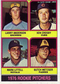 1976 Topps #593 1976 Rookie Pitchers (Larry Anderson / Ken Crosby / Mark Littell / Butch Metzger) Front