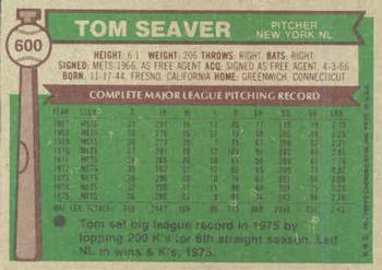 1976 Topps #600 Tom Seaver Back