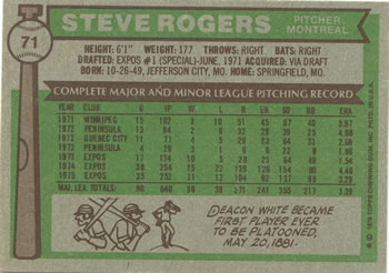 1976 Topps #71 Steve Rogers Back