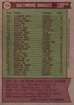 1976 Topps #73 Baltimore Orioles / Earl Weaver Back