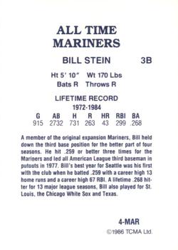 1986 TCMA All-Time Seattle Mariners - Color #4-MAR Bill Stein Back