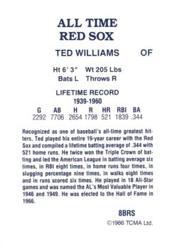 1986 TCMA All-Time Boston Red Sox #8BRS Ted Williams Back