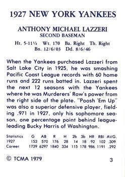 1979 TCMA 1927 New York Yankees #3 Tony Lazzeri Back