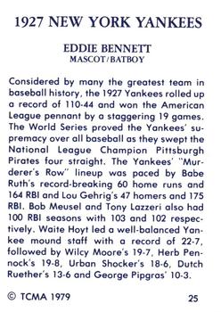 1979 TCMA 1927 New York Yankees #25 Eddie Bennett Back