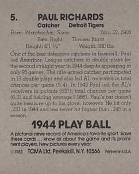 1983 TCMA 1944 Play Ball #5 Paul Richards Back