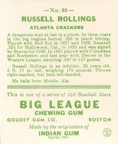 1983 Galasso 1933 Goudey Reprint #88 Russell Rollings Back