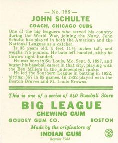 1983 Galasso 1933 Goudey Reprint #186 Johnny Schulte Back