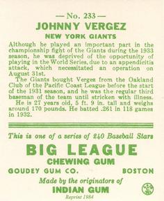 1983 Galasso 1933 Goudey Reprint #233 Johnny Vergez Back