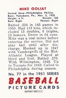 1986 Card Collectors 1951 Bowman (Reprint) #77 Mike Goliat Back