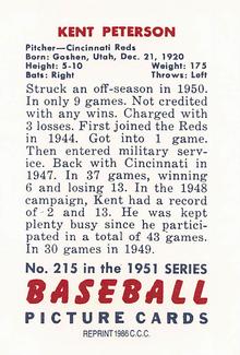 1986 Card Collectors 1951 Bowman (Reprint) #215 Kent Peterson Back