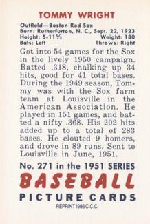 1986 Card Collectors 1951 Bowman (Reprint) #271 Tom Wright Back