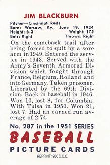 1986 Card Collectors 1951 Bowman (Reprint) #287 Jim Blackburn Back