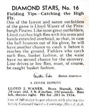 1978 Dover Publications Hall of Fame Cards Reprints #16 Lloyd Waner Back