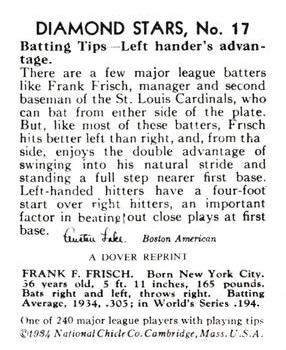 1978 Dover Publications Hall of Fame Cards Reprints #17 Frankie Frisch Back