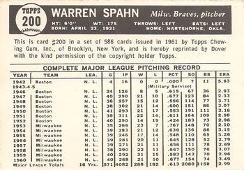 1978 Dover Publications Hall of Fame Cards Reprints #200 Warren Spahn Back