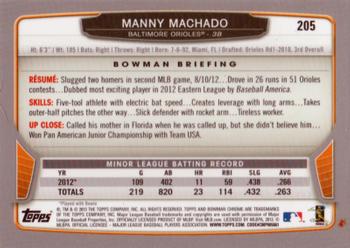 2013 Bowman Chrome #205 Manny Machado Back